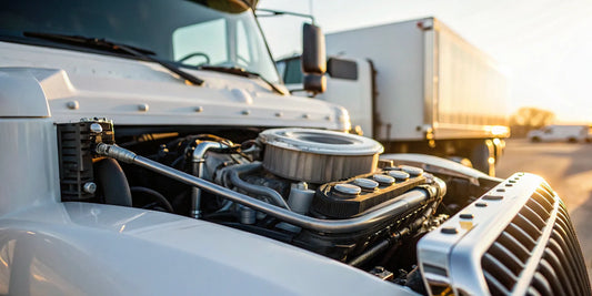 Engine of a 2017 International 4300 showing the oil dipstick and fill cap.