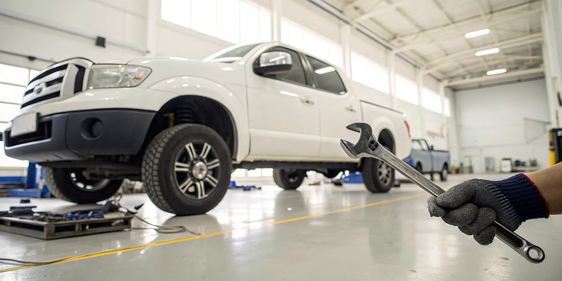 Mechanic working on a lifted truck, avoiding common aftermarket installation mistakes.