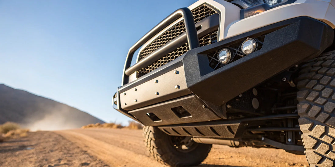 A truck with an aftermarket off-road bumper driving on a dirt trail.
