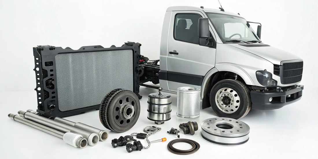 A variety of aftermarket truck parts next to a pickup, available to buy online.