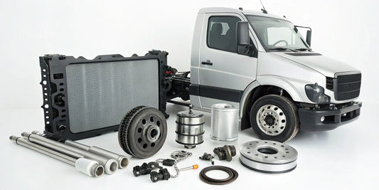 A variety of aftermarket truck parts next to a pickup, available to buy online.