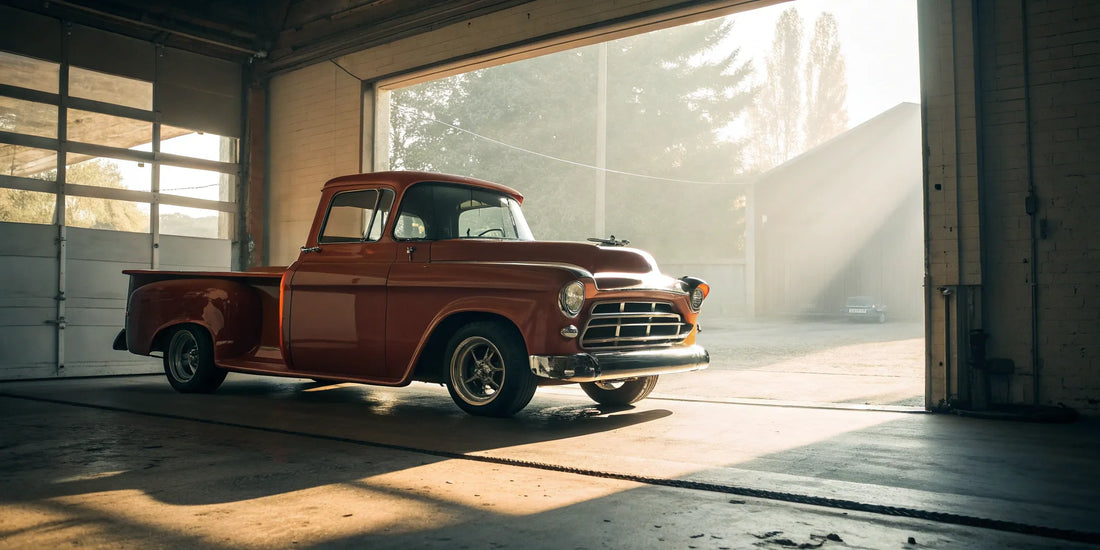 A lowered '56 Chevy truck with a custom air ride suspension system.