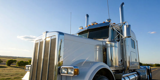 A used semi truck with a mirror finish, achieved by using the best polish for its chrome and metal.
