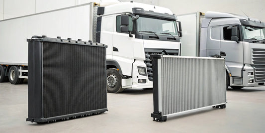 A lineup of the best heavy duty truck radiator brands in front of two semi trucks.