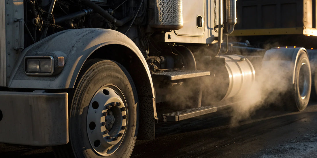 A semi truck with heavy exhaust smoke, a key sign of a bad turbo.