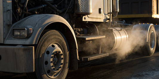 A semi truck with heavy exhaust smoke, a key sign of a bad turbo.