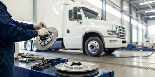 Mechanic inspecting commercial truck brake parts for sale in a garage.