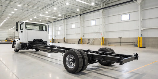 Commercial truck frame undergoing restoration in a professional workshop.