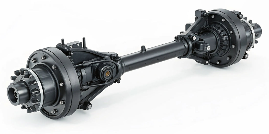 A commercial truck rear differential with its internal parts and gears exposed.