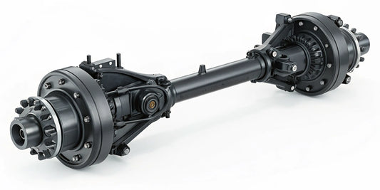 A commercial truck rear differential with its internal parts and gears exposed.