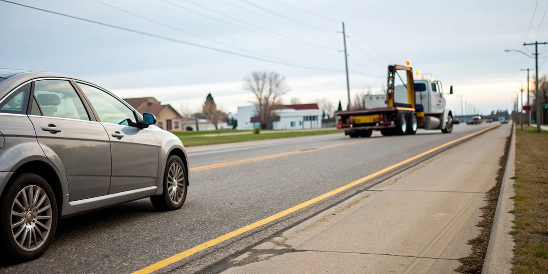 Emergency road service tow truck assisting a stranded car in Brookings, SD.