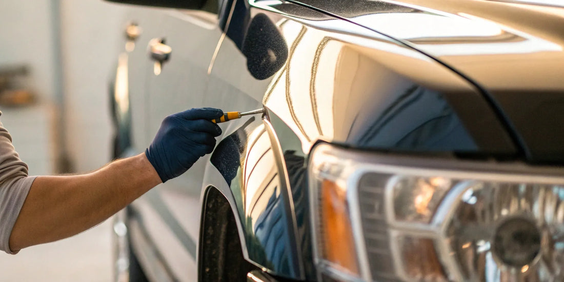 Hand in a glove performing a paint chip repair on a black truck fender.