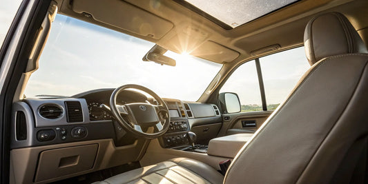A professionally detailed truck interior with a clean dashboard and seats, ready for resale.