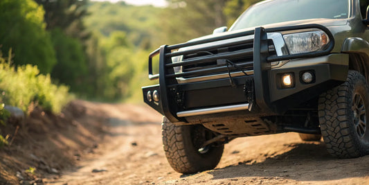 A truck equipped with a heavy-duty aftermarket bumper on an off-road trail.