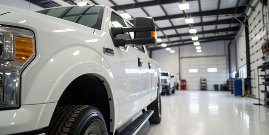Commercial truck undergoing an annual DOT inspection in a service bay.