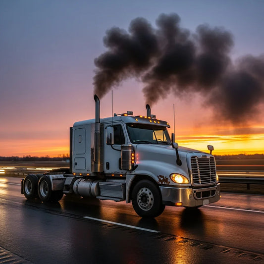 Diesel semi truck with exhaust smoke on highway for diagnostic guide