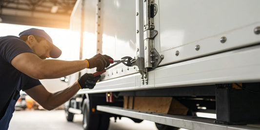 Technician performing a box truck lift gate repair.