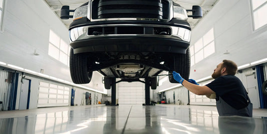 Mechanic performing a routine oil change on a box truck.