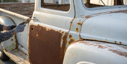Applying the best paint to a properly prepared rusty truck frame.