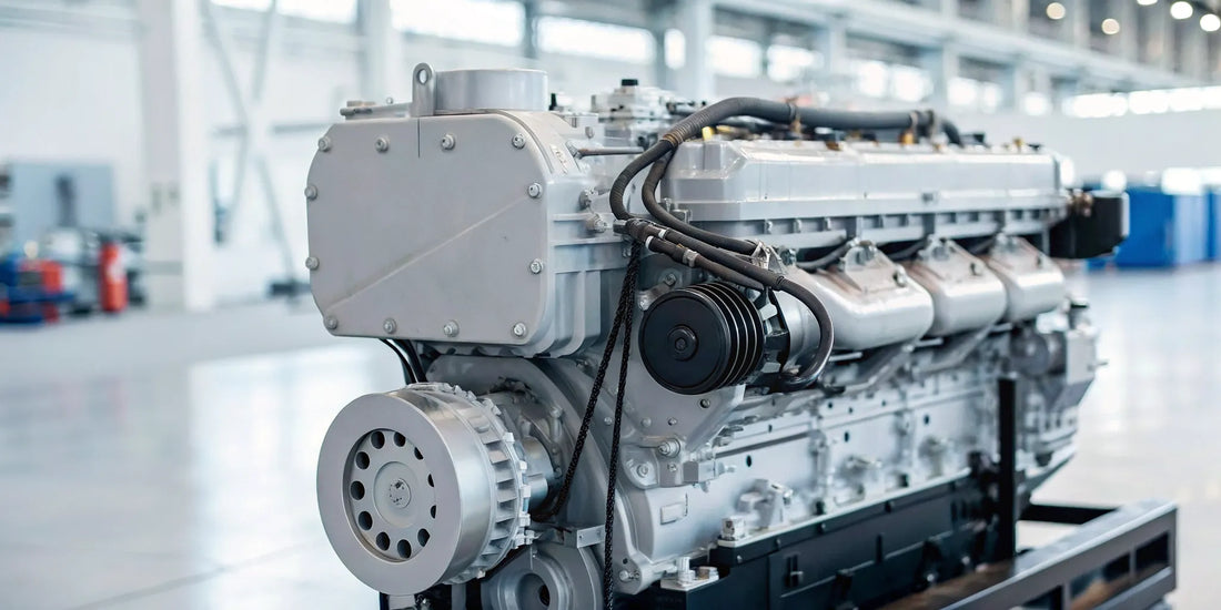 A mechanic performs commercial diesel repair on a truck engine.