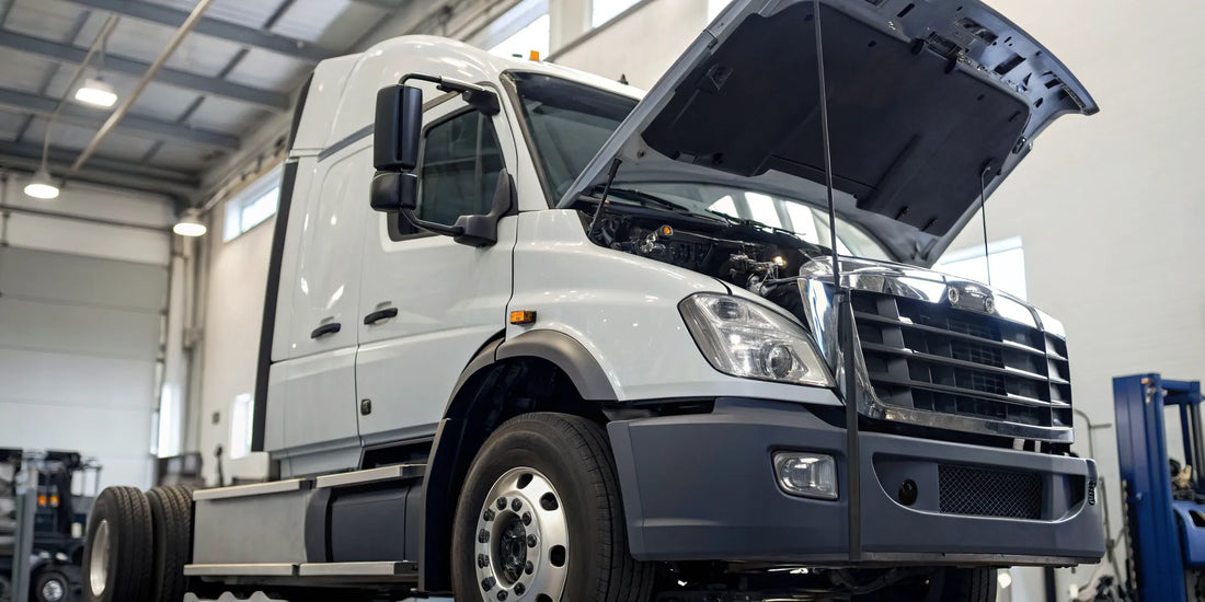 Commercial truck in a service bay for an alternator replacement.