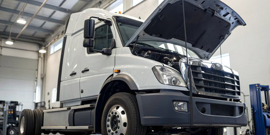 Commercial truck in a service bay for an alternator replacement.