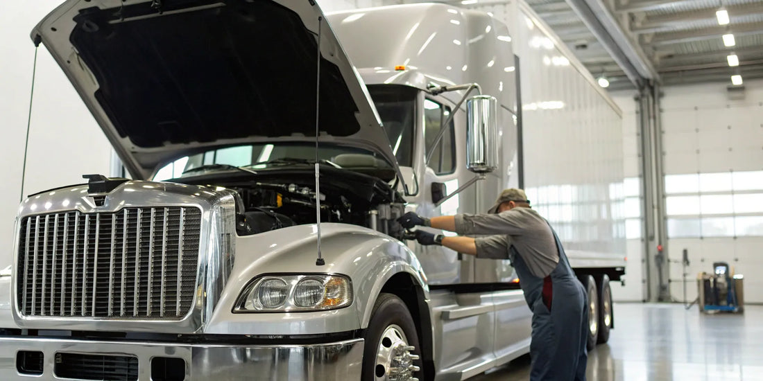 Mechanic performing a commercial truck oil change in a service bay.