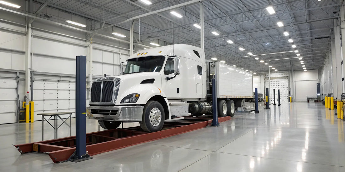 Commercial truck on a lift for a rear end repair and inspection.