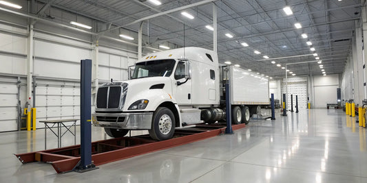 Commercial truck on a lift for a rear end repair and inspection.