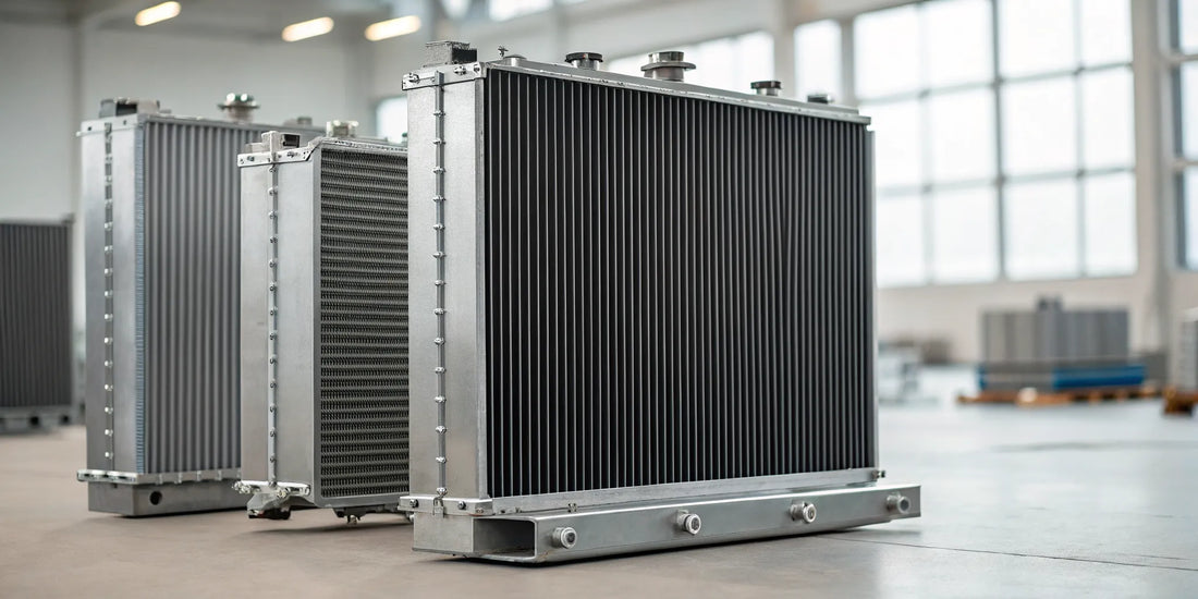 A custom semi truck radiator with an aluminum core alongside a steel core model.