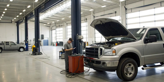 A mechanic in Pipestone, MN, performs a diesel electrical repair using diagnostic equipment.