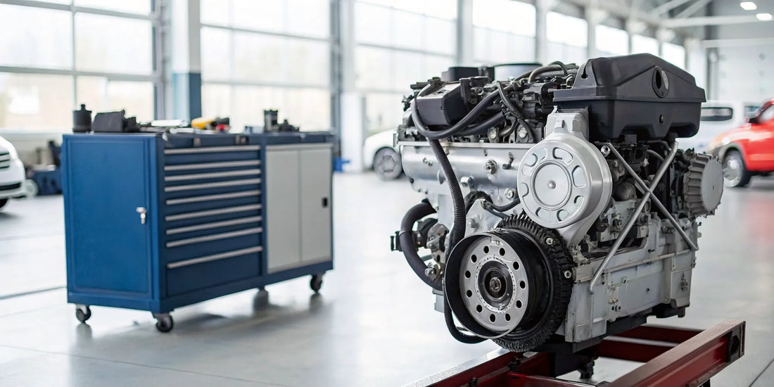 A diesel engine and tools in a workshop ready for engine diagnostics.