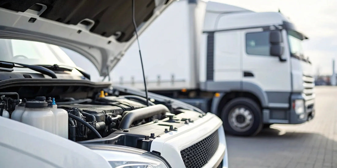Diesel engine diagnostics on a truck with the hood open.