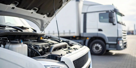 Diesel engine diagnostics on a truck with the hood open.