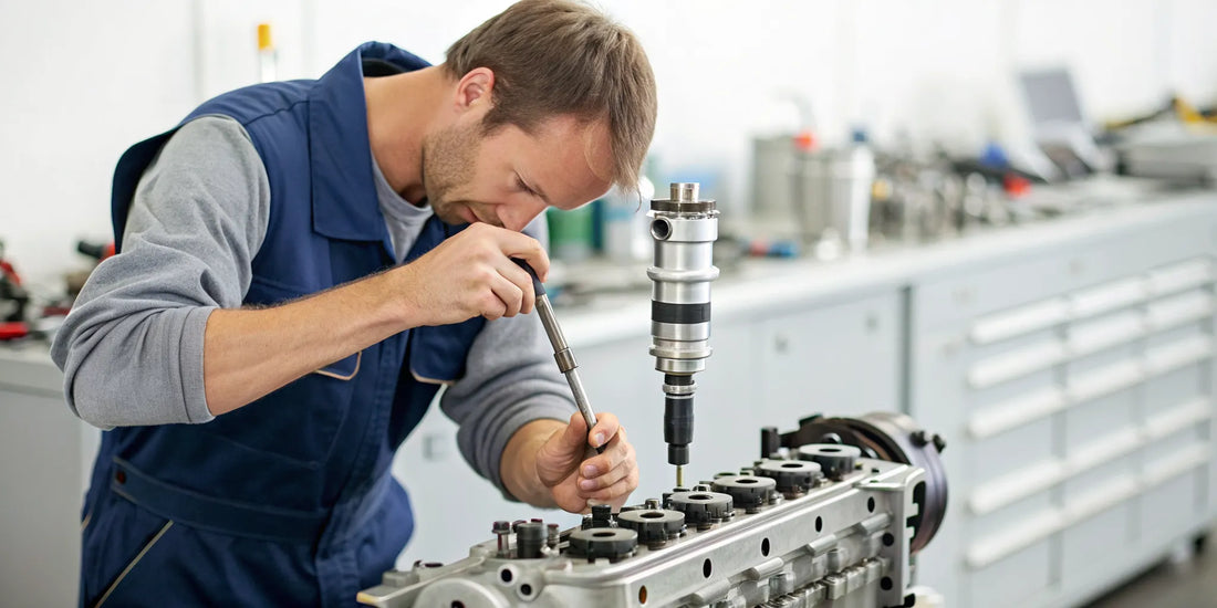 A technician completing a diesel injector repair with precision tools.