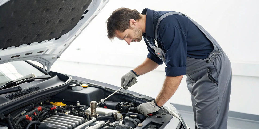 Mechanic performing a diesel injector repair on a vehicle engine.