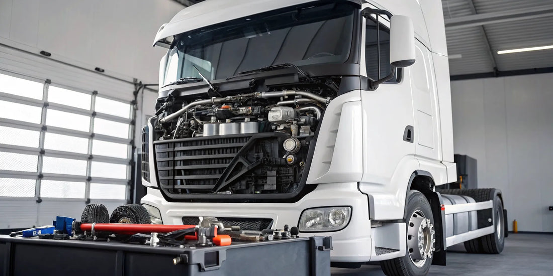 Diesel truck with an open hood undergoing engine repair at a professional service shop.