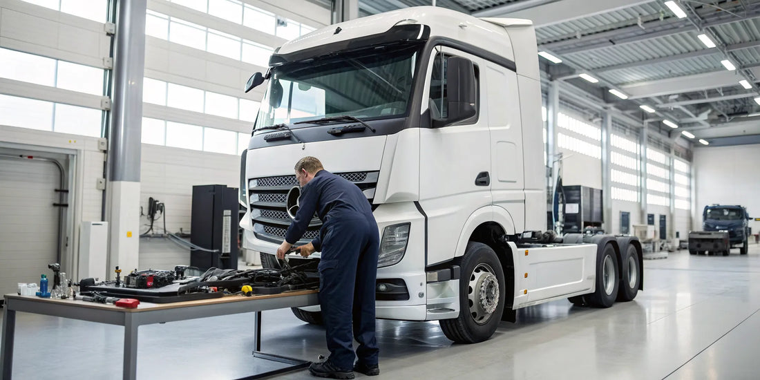 Technician performing diesel truck repair on an engine in a service garage.