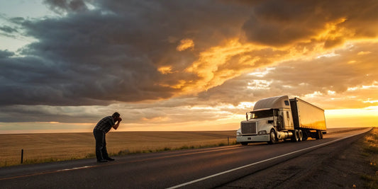 Emergency breakdown of a semi truck on a rural road at sunset.
