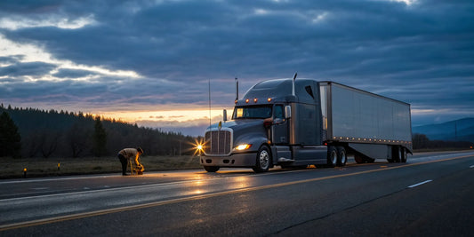 A semi truck pulled over on the highway needing emergency transmission service.
