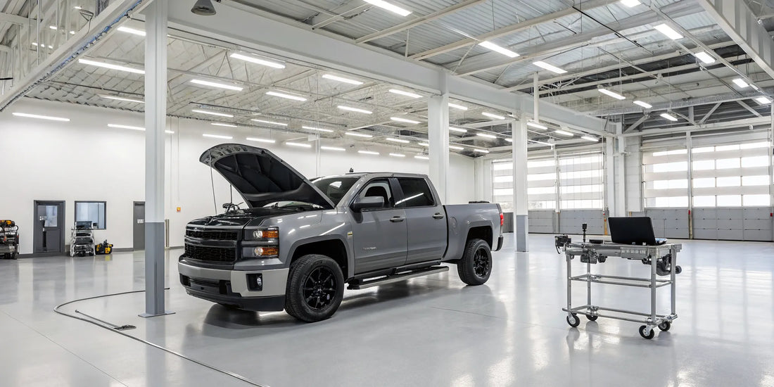 Diesel truck in a Madison, SD shop undergoing a professional performance tuning.