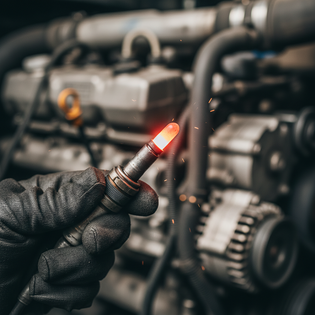 Diesel glow plug glowing red-hot held by a mechanic with a truck engine in the background