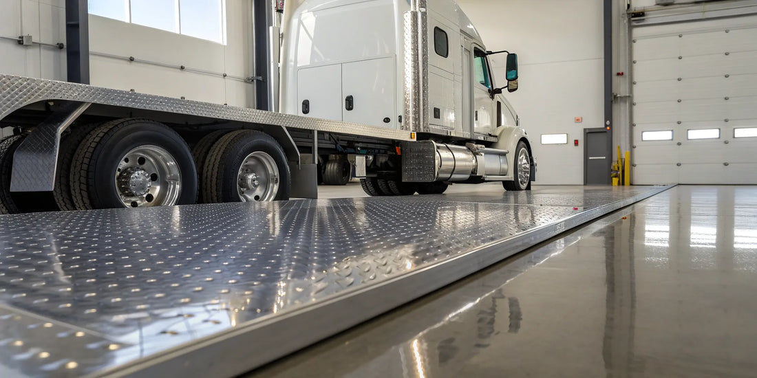 A universal catwalk deck plate mounting kit installed on a semi truck frame.