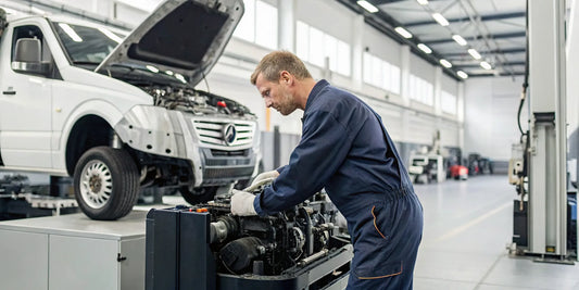 A mechanic performs a heavy duty diesel repair on a large truck engine.