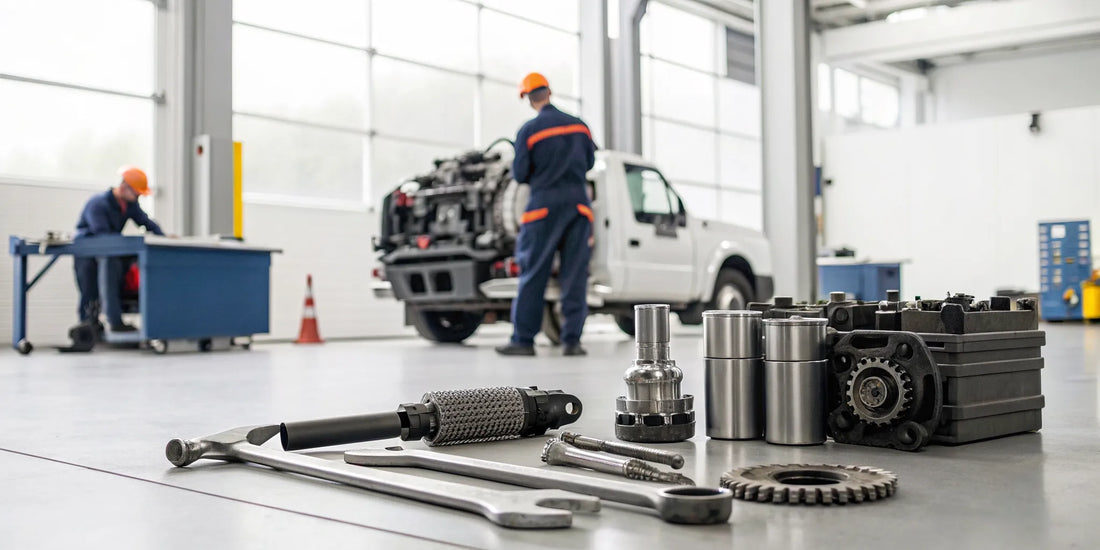 Mechanic performing heavy duty diesel repair on a truck engine in a service shop.