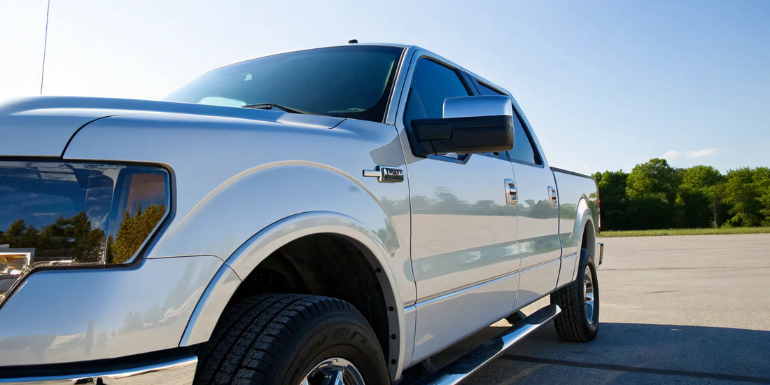 Silver truck with a lasting glossy shine from professional paint correction.