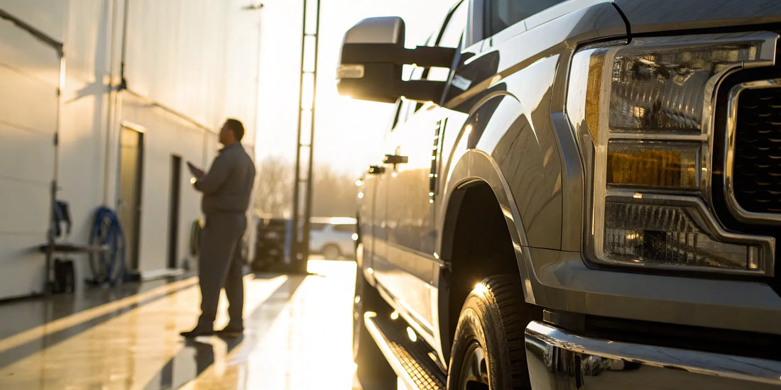 A mechanic inspects a commercial truck to determine the DOT truck inspection cost.