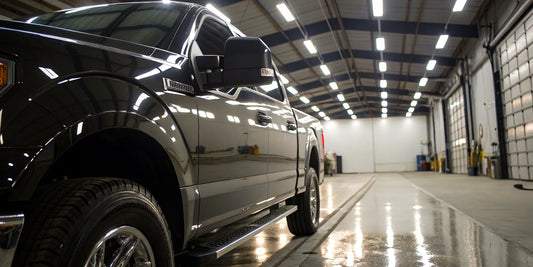 Professional paint correction on a black truck in an auto detailing shop.