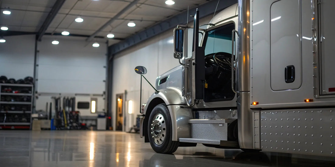 A semi truck with a manual transmission for sale parked in a garage for inspection.