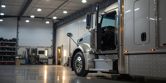 A semi truck with a manual transmission for sale parked in a garage for inspection.